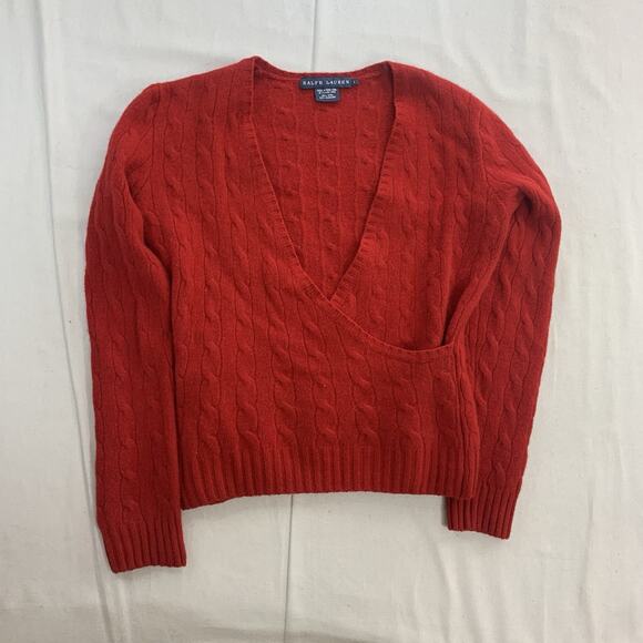 Polo Ralph Lauren Cable Knit V-Neck Sweater Wool/Cashmere Women's Large Red - Picture 1 of 9